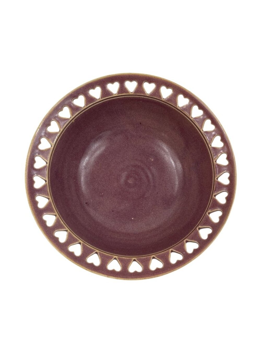 Vintage 8" Stoneware Serving Bowl W/Heart Cutout Rim Burgundy Pottery Ceramic